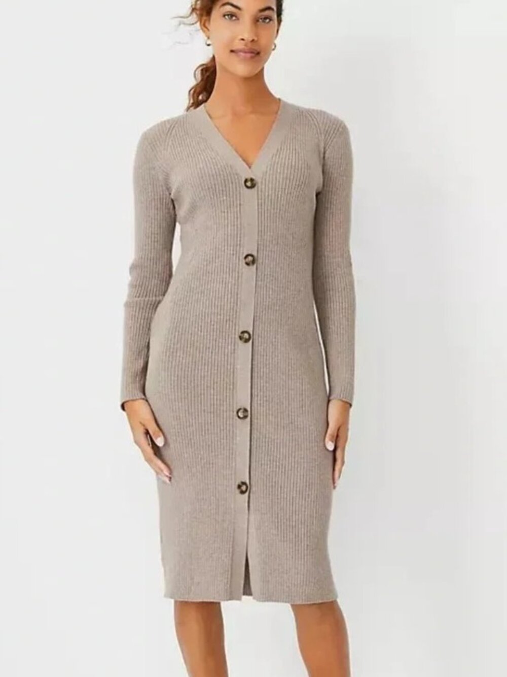 Ann Taylor Ribbed Button Front Sweater Midi Dress S Petite NWT